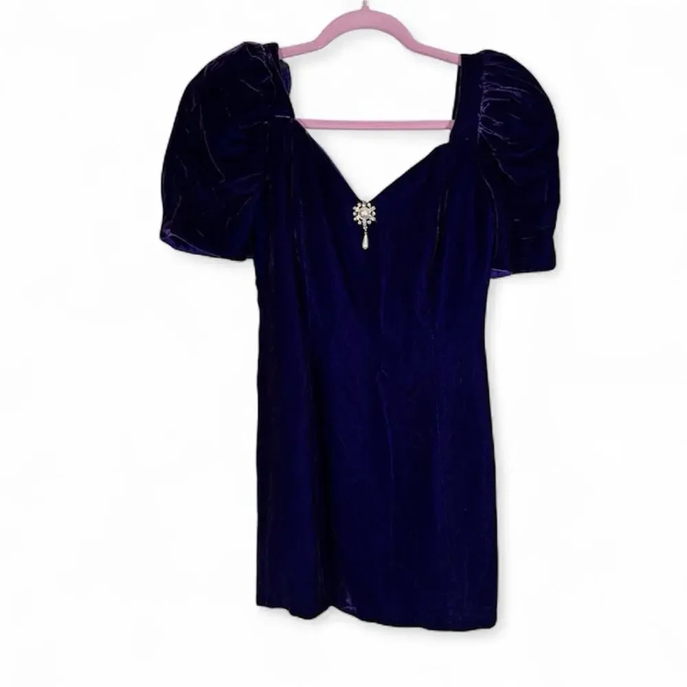 Vintage 80s Purple Velvet Puff Sleeve Mini Dress Womens 8 Fall Prom Formal Retro